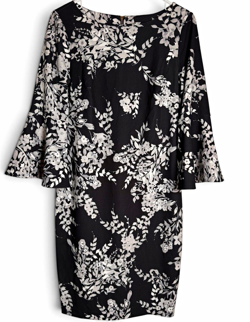 Calvin Klein Sheath Dress 8 Black White Floral 3/4 Bell Sleeve Boat Neck